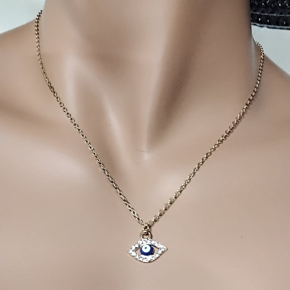 Gold Toned Evil Eye Pendant charm diamonds Necklace Good Luck and Protection